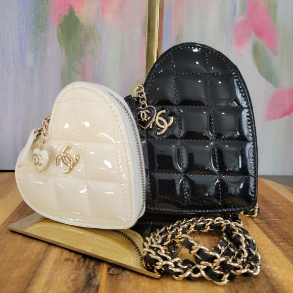 Chanel Black & White Double Heart Mini Bag With Chain Black white - Picture 1 of 11